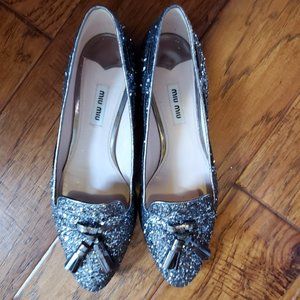 Miu Miu Glitter Loafers Shoes Flats With Tassel